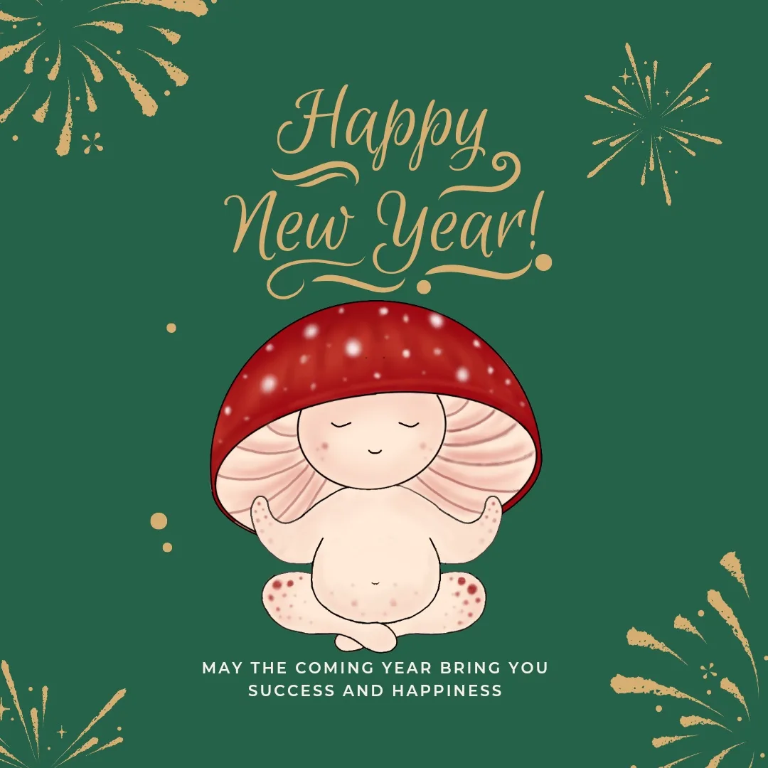 A cartoon mushroom character with a red cap and pink gills sits cross-legged in a meditative pose against a dark green…