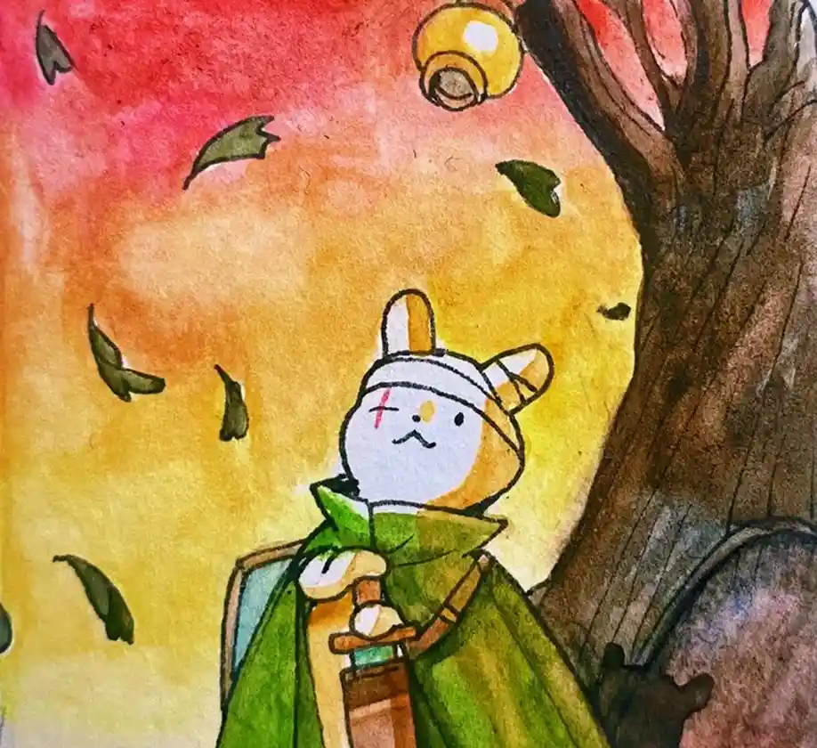 A watercolor illustration shows a cartoon rabbit warrior with a bandaged head and a small cut on its cheek, standing beside…
