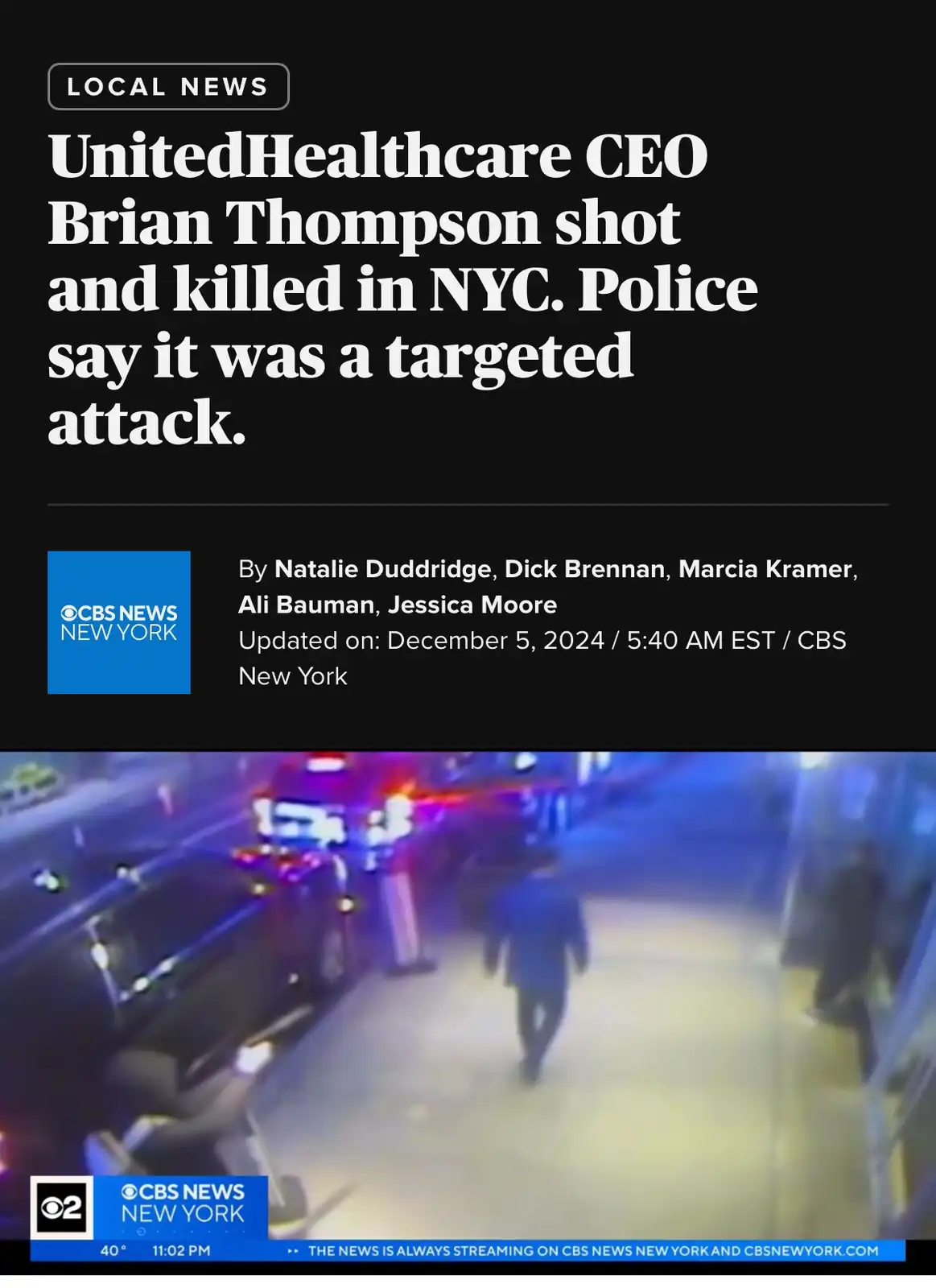 The image displays a CBS News New York local news headline reporting that UnitedHealthcare CEO Brian Thompson was shot and…