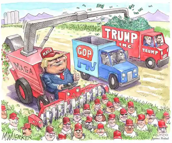 A cartoon depicts a man resembling Donald Trump driving a red tractor labeled 'MAGA' that is harvesting people wearing red…