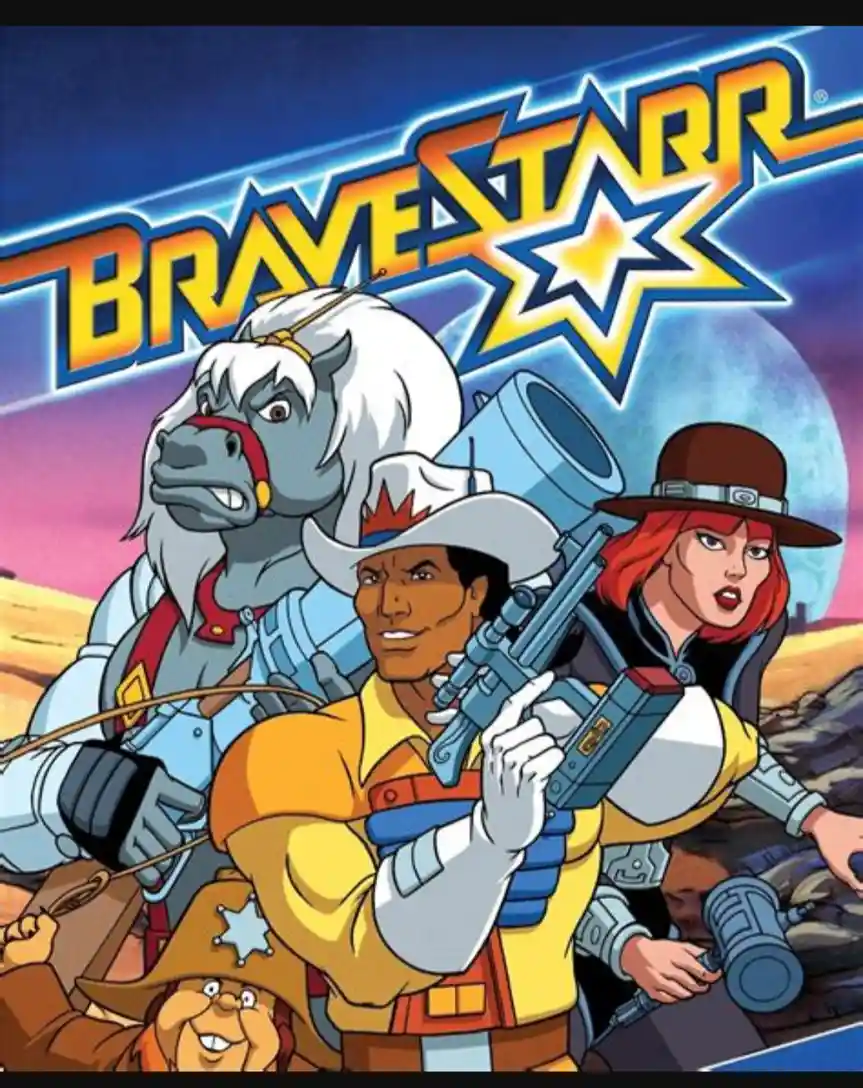 The image is a promotional poster for the animated series 'BraveStarr,' featuring the main characters: a central male hero…
