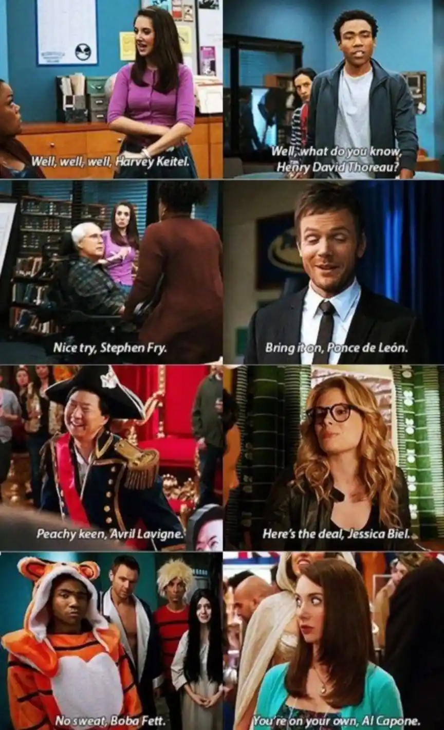 A collage of eight movie/TV clips featuring characters reacting with surprise or smugness to someone's name being mentioned…