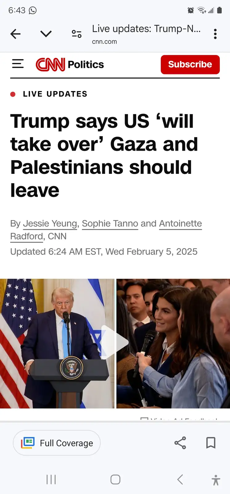 A screenshot of a CNN Politics article from February 5, 2025, showing a headline about Trump's controversial statement…