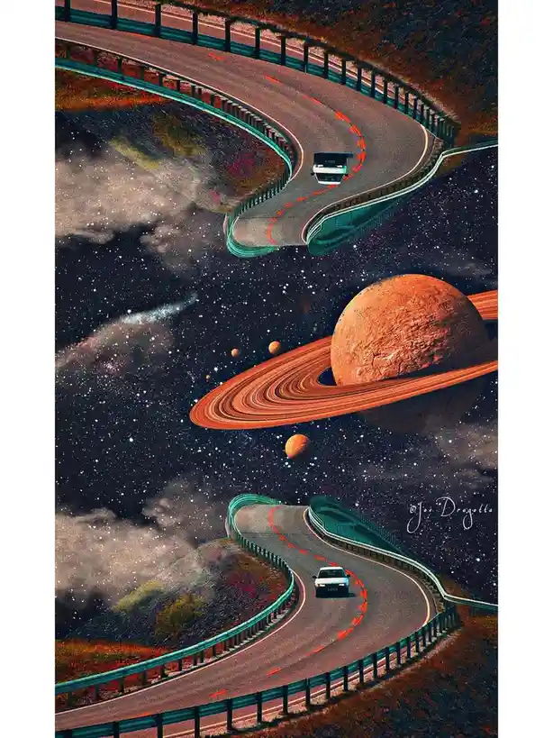 A surreal image shows a winding asphalt road with guardrails curving through a starry space scene, passing near a large…