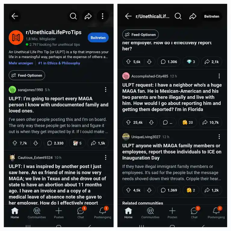 The image shows two screenshots from the subreddit r/UnethicalLifeProTips, displaying posts where users request 'Unethical…