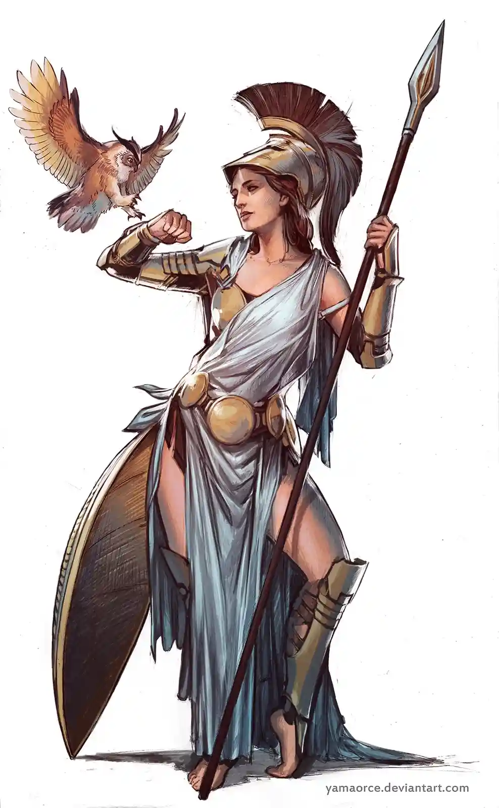 A digital illustration depicts a female warrior in ancient Greek armor, including a helmet with a plume, holding a spear and…