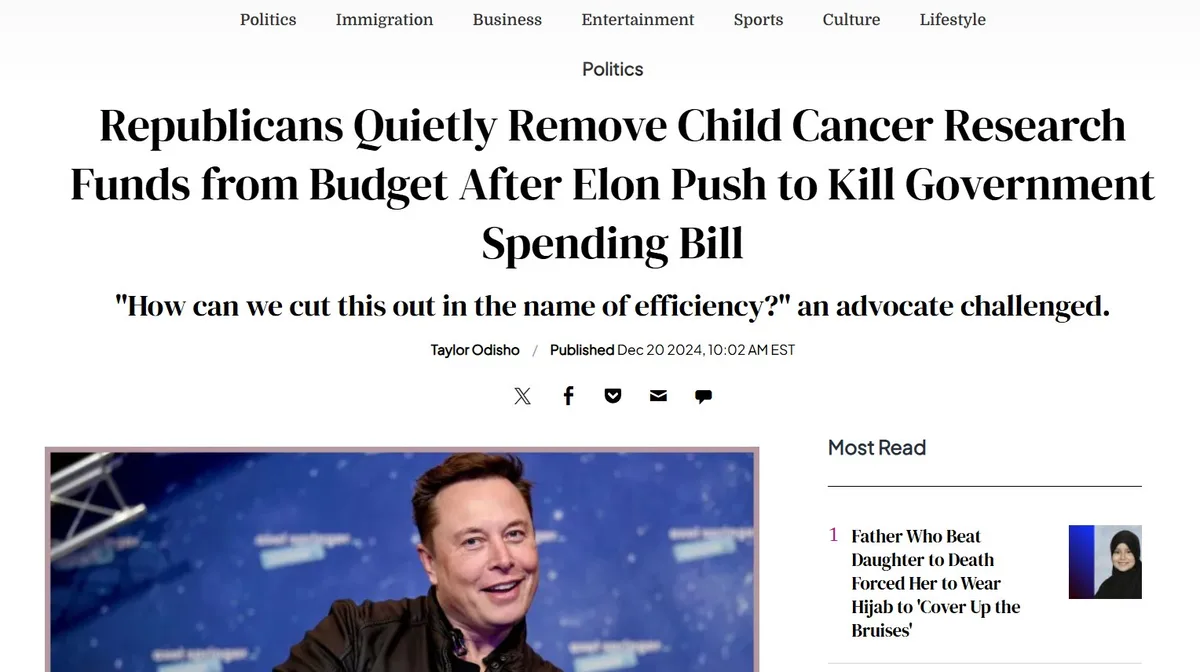 A screenshot of a fake news article titled 'Republicans Quietly Remove Child Cancer Research Funds from Budget After Elon…