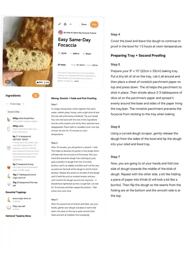 A screenshot of a Whisk recipe page for 'Easy Same-Day Focaccia' showing ingredients and steps for making bread. The image…