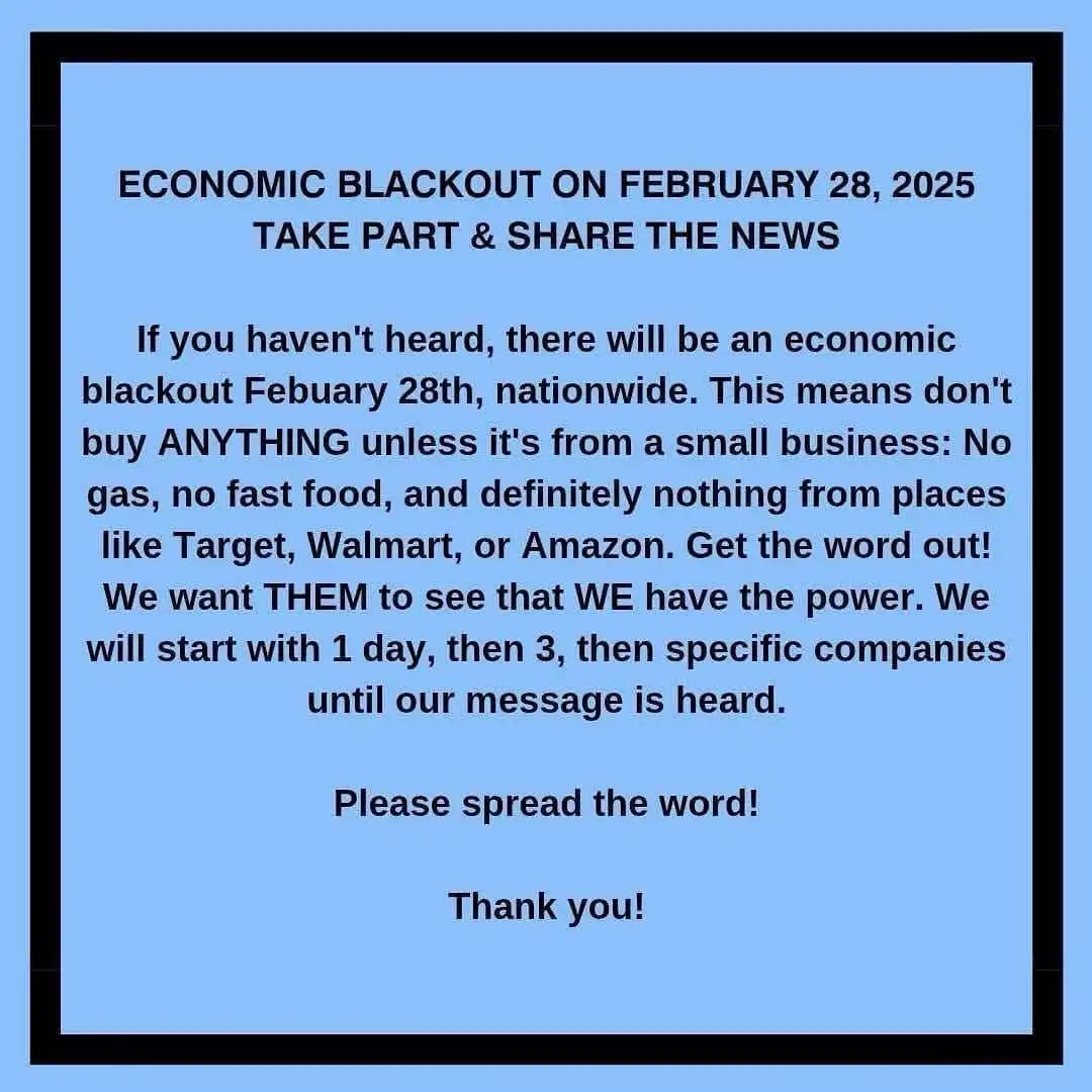 A light blue image with black text mimicking a fake public service announcement. It falsely claims an 'economic blackout' on…