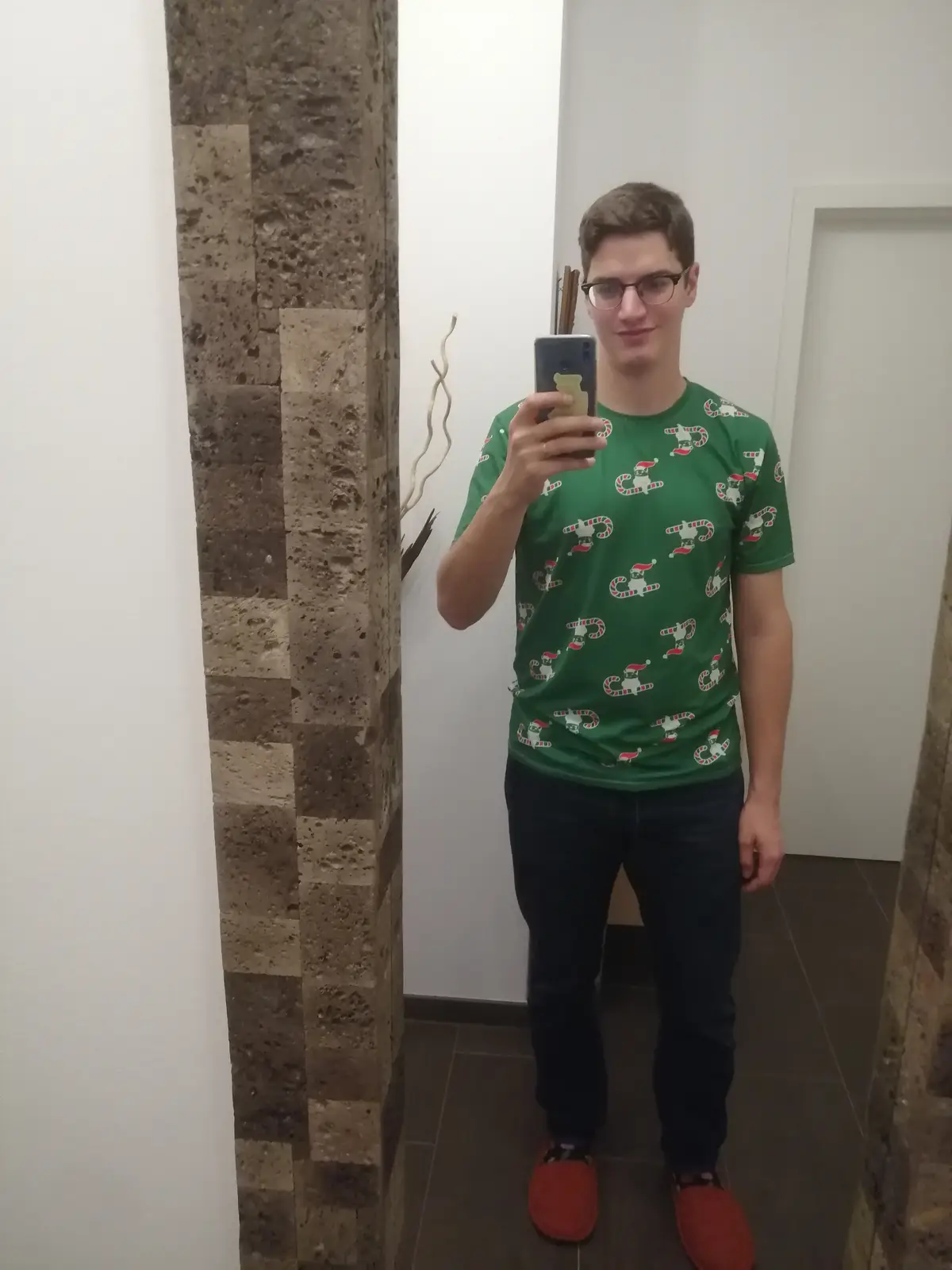 A young man with glasses takes a mirror selfie wearing a green t-shirt covered in a repeating pattern of white cats wearing…