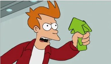 A cartoon man with orange hair and a red jacket holds up a green paper arrow, looking shocked or annoyed. The text overlaid…