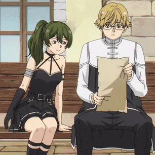 A six-panel anime sequence shows a green-haired girl slowly leaning closer to a blonde boy holding a paper, while he remains…