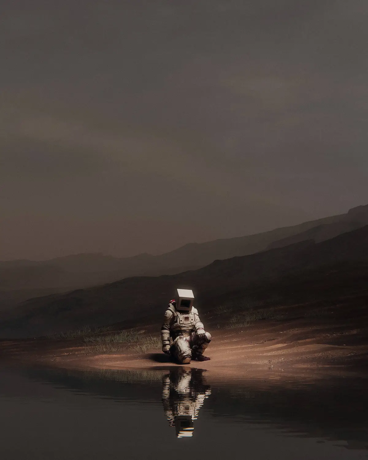 An astronaut in a full spacesuit kneels beside a body of water on a barren, hazy planet with distant mountains, their…