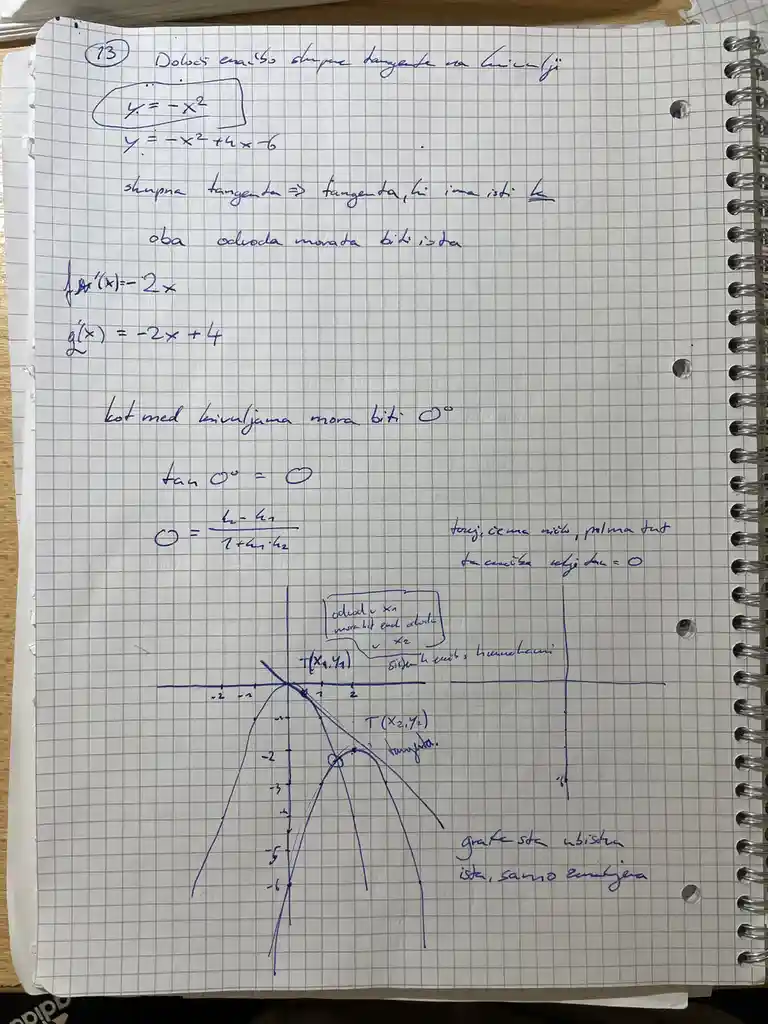 A handwritten math problem on grid paper showing a parabola and two tangent lines, with equations and notes in Croatian. The…