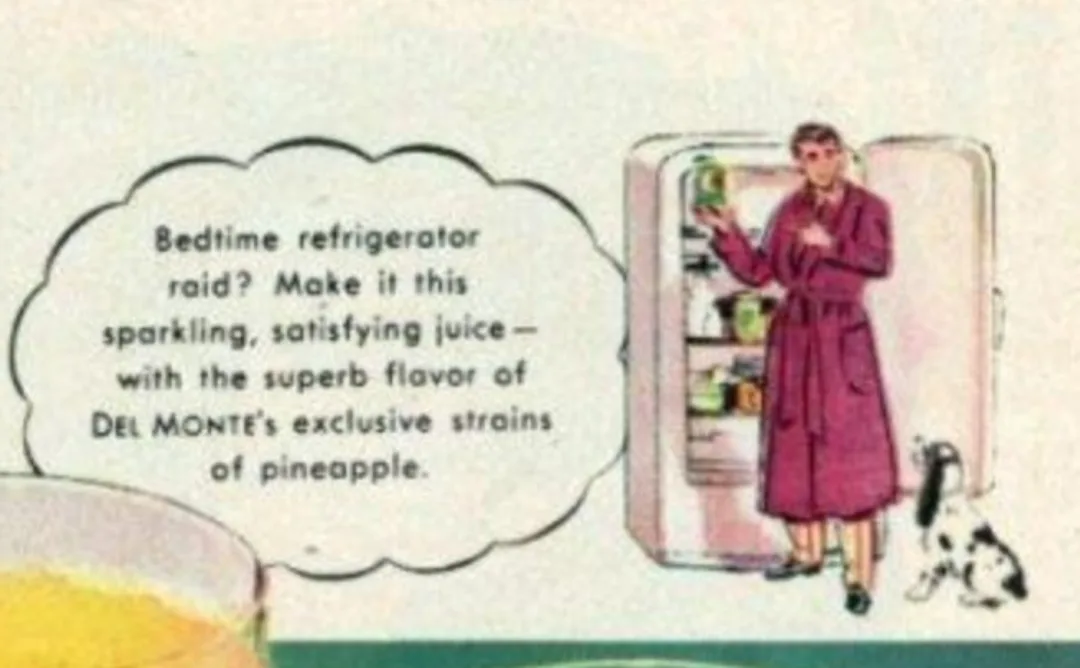 A vintage 1950s-style advertisement depicts a man in a purple robe standing beside an open refrigerator, holding a can of…