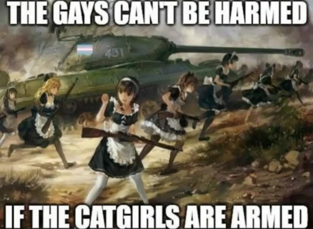 An anime-style illustration shows multiple catgirls in maid outfits running forward with rifles in a war-torn battlefield…