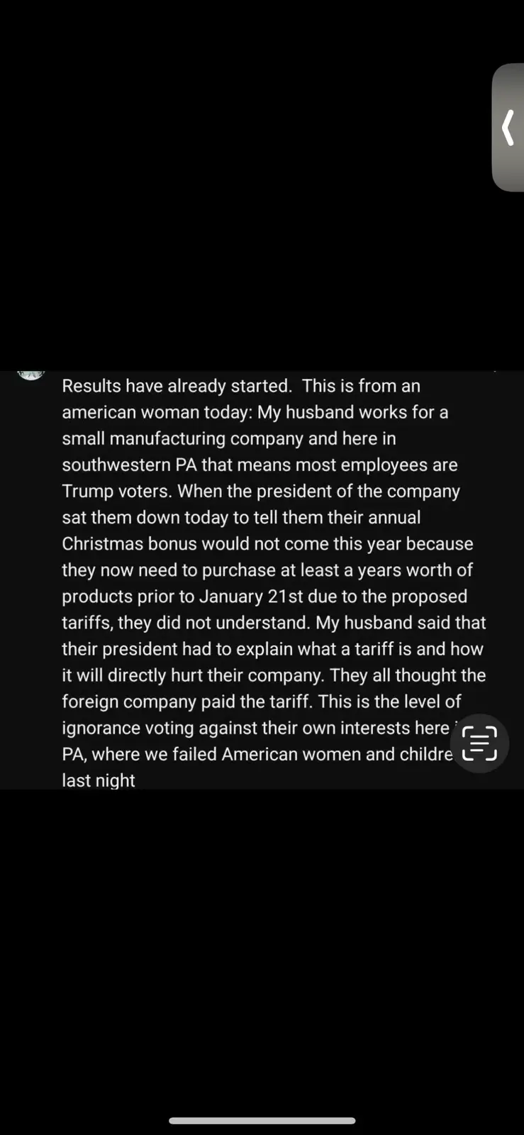 The image displays a screenshot of a social media post with white text on a black background. The text is a personal account…