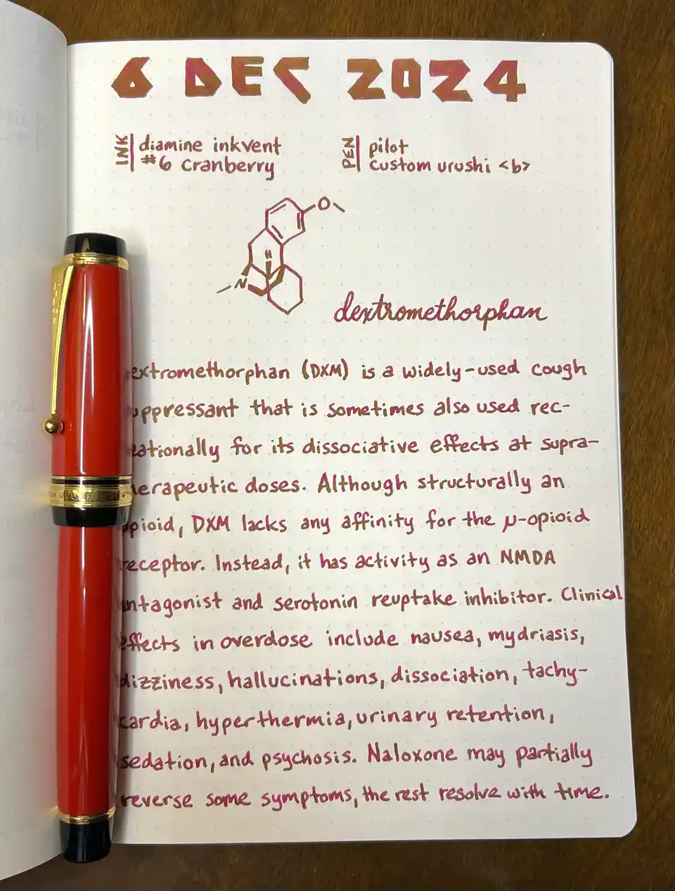 A notebook page dated 6 DEC 2024 shows a handwritten entry about dextromethorphan (DXM), including its chemical structure…