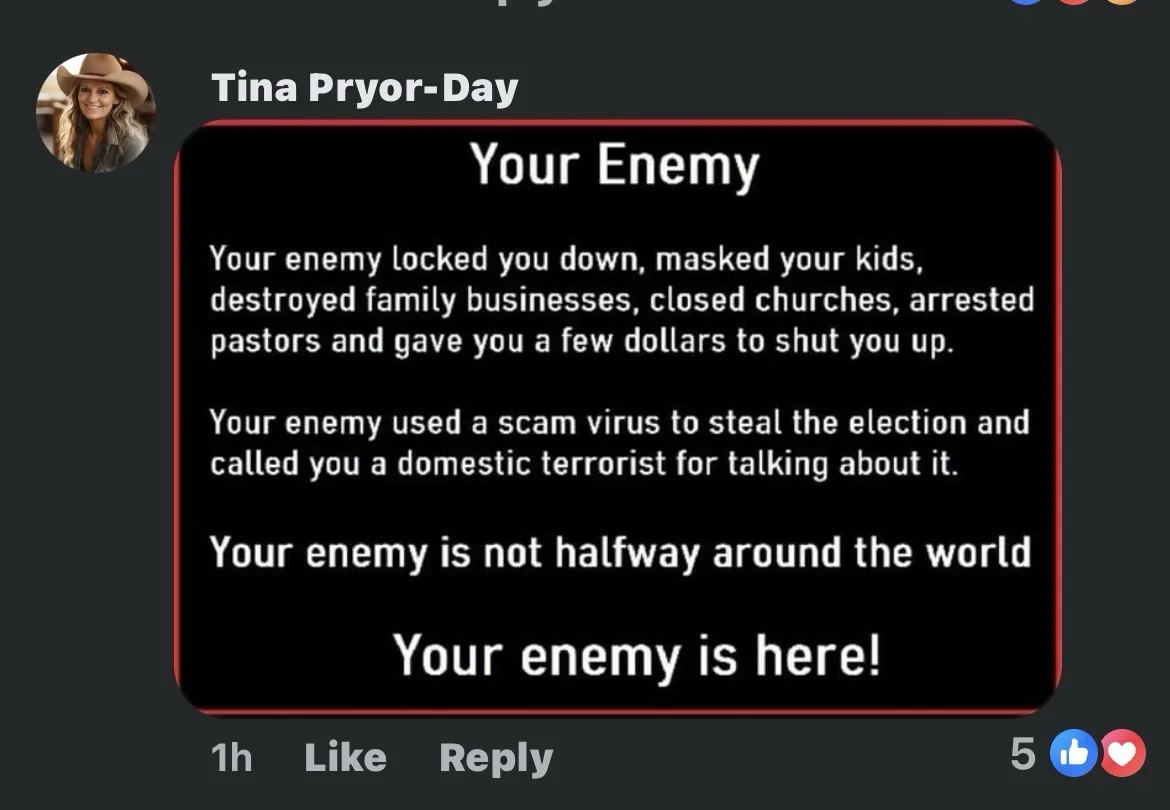 A screenshot of a Facebook post by Tina Pryor-Day showing a black box with white text titled 'Your Enemy'. The text lists…