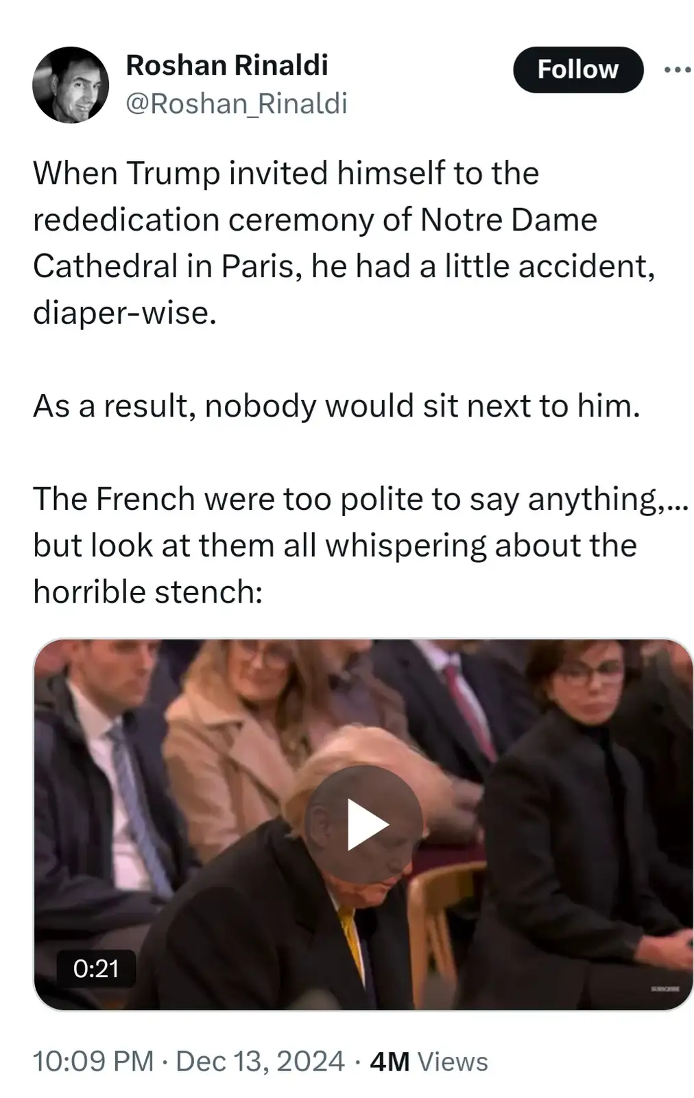 A screenshot of a tweet by Roshan Rinaldi shows a video thumbnail of Donald Trump seated in a formal gathering, head bowed…