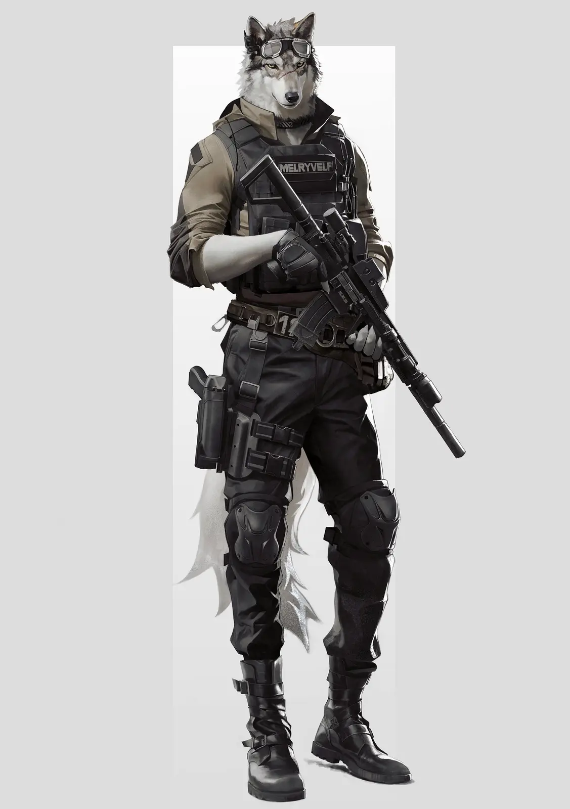 A full-body illustration of an anthropomorphic wolf in tactical gear, wearing goggles, a vest with the name 'MELRYVELF' on…
