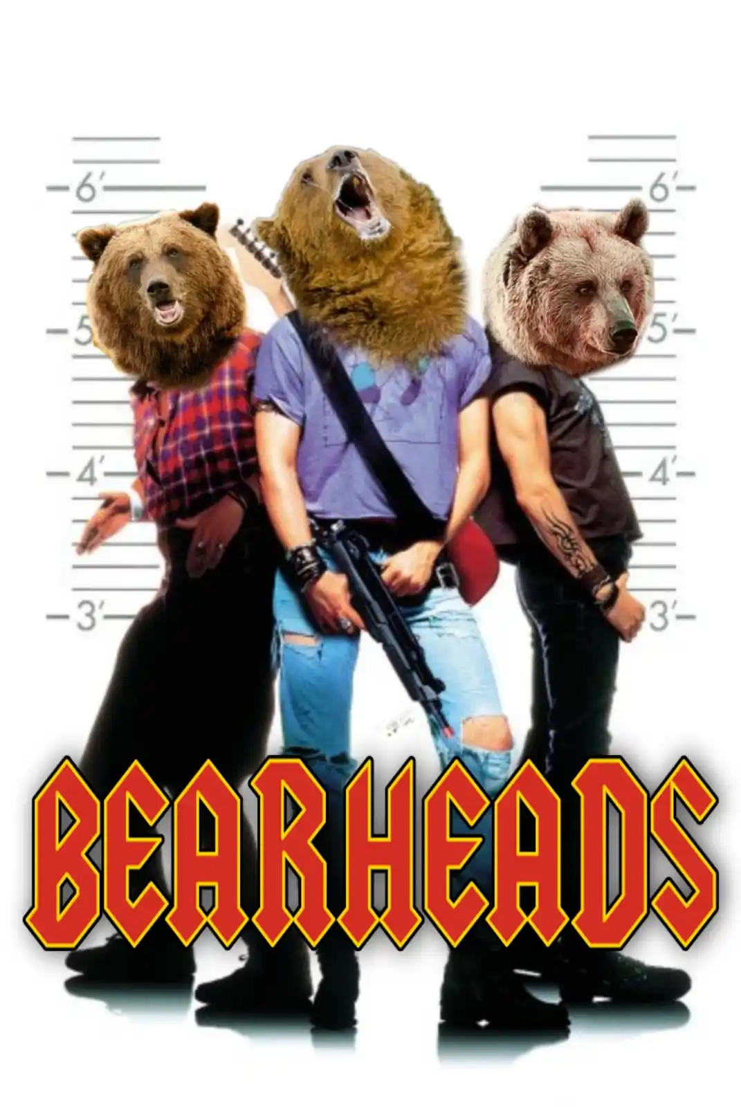 Three people in a police lineup pose with bear heads superimposed on their faces, dressed in casual clothes including ripped…