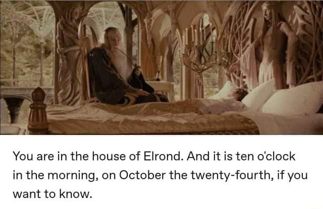 A still from 'The Lord of the Rings' shows Elrond sitting on his bed in his ornate, tree-rooted bedroom. The overlaid text…