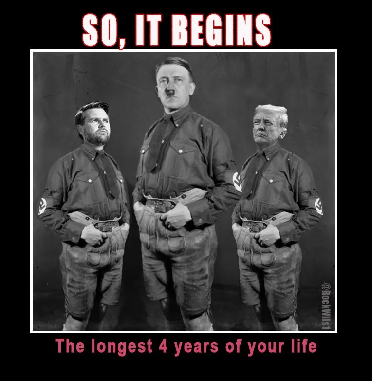 A black-and-white historical photo shows three men in Nazi-style uniforms with swastikas on their sleeves, standing in a…