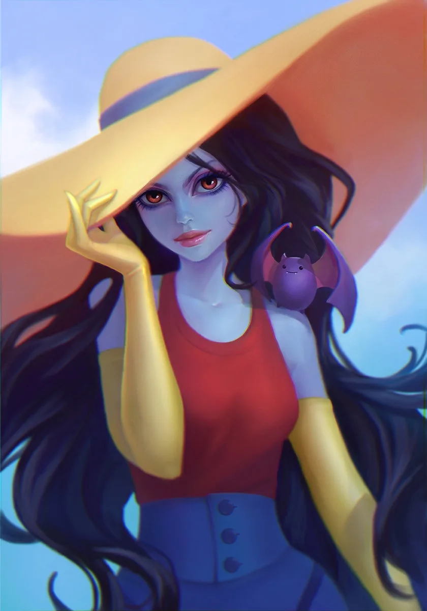 A stylized illustration of a woman with pale skin, long dark hair, and red eyes, wearing a large yellow sun hat, a red top…