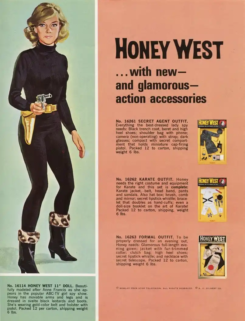 A vintage 1960s advertisement for Honey West dolls and outfits, featuring a blonde woman in a black turtleneck, black pants…