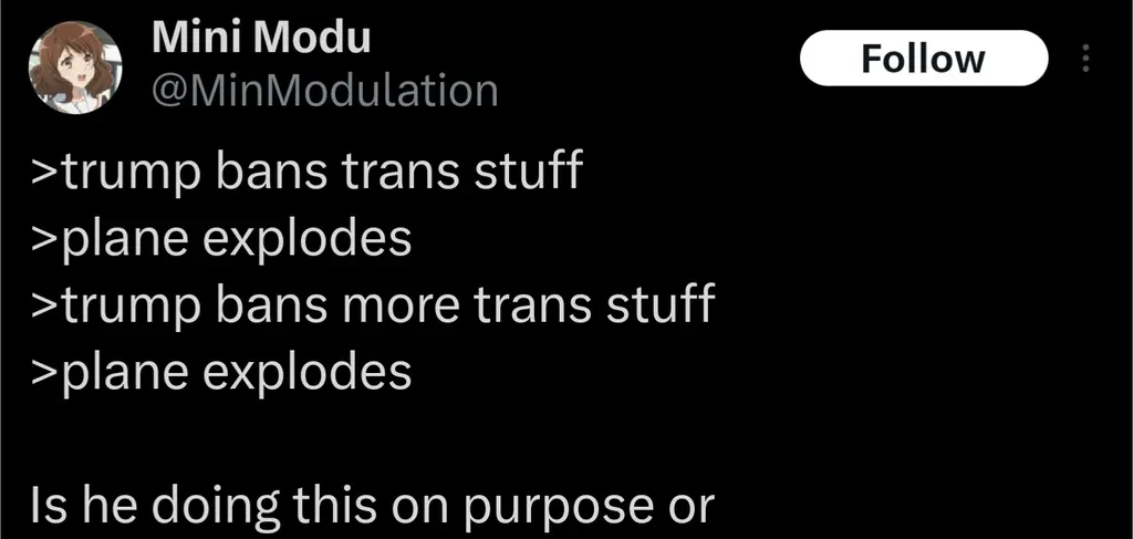 A screenshot of a Twitter/X post by user Mini Modu (@MinModulation) showing a text-based joke. The post lists four lines…