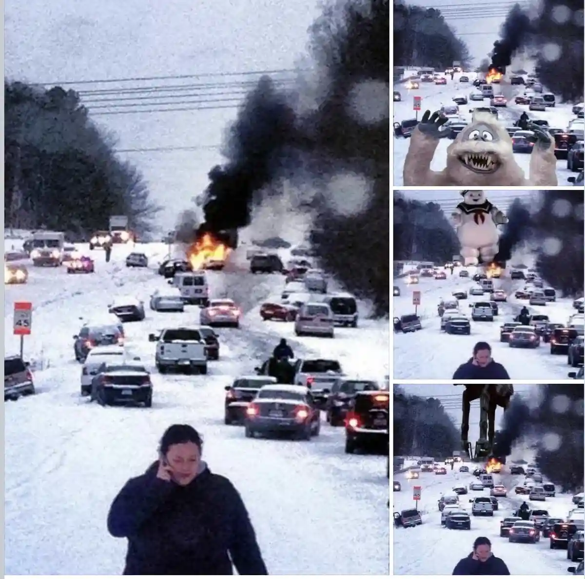 A snowy highway scene with a car fire and heavy traffic, featuring a woman on her phone in the foreground. The image is…