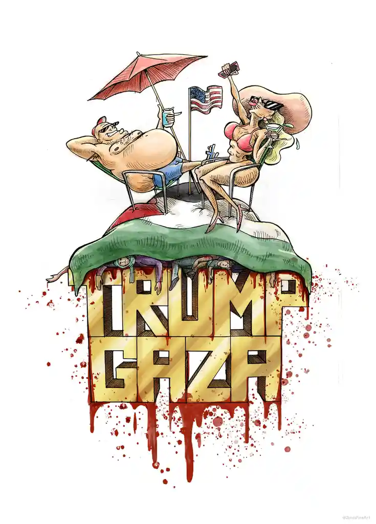 A cartoon depicts two wealthy-looking people lounging on a rooftop labeled 'TRUMP CRAZY' with blood dripping from the…
