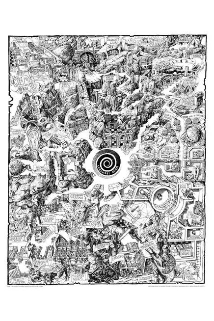 A detailed black-and-white illustrated map of the Zork II game world, showing a complex maze of labeled rooms like 'Dragon's…