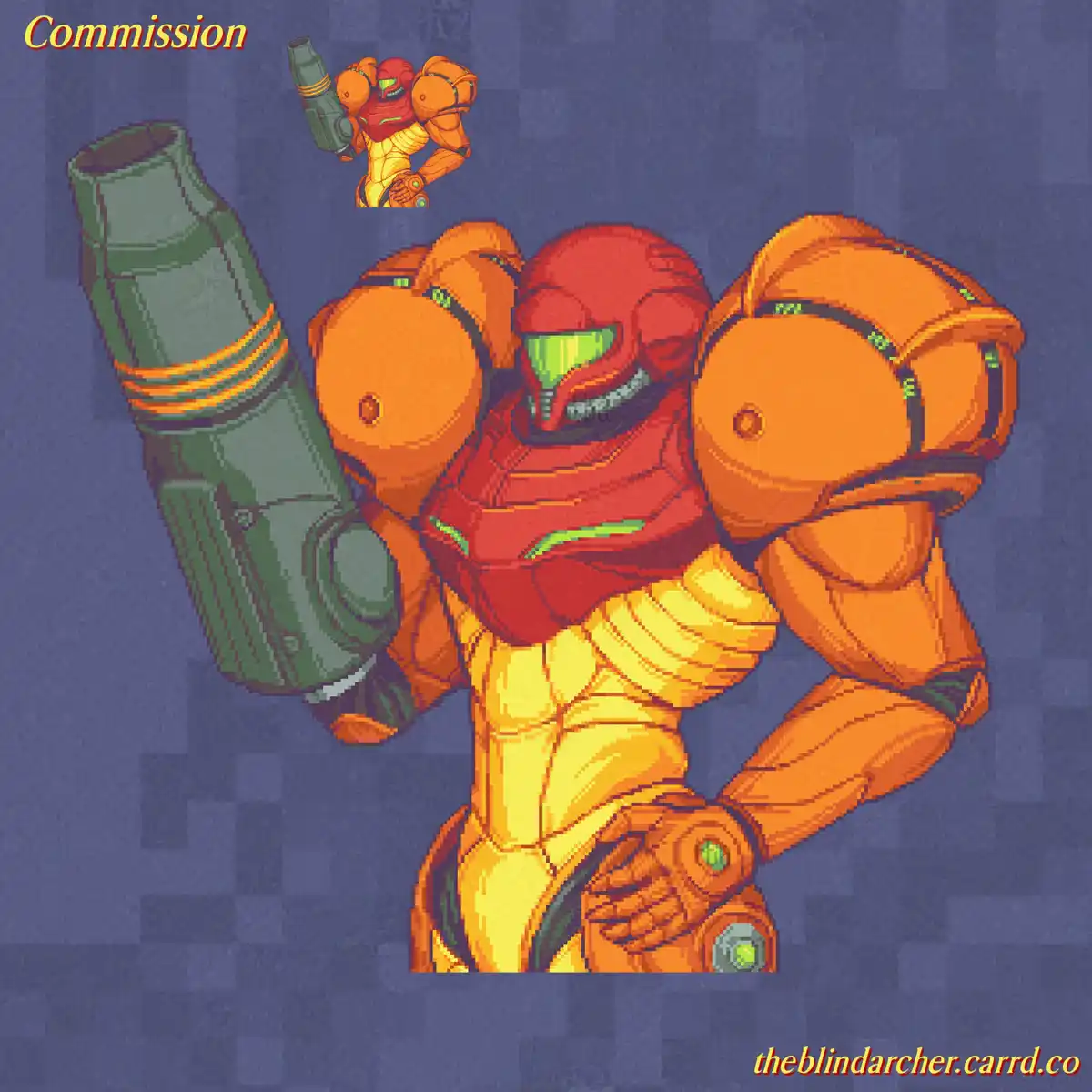 A pixel-art style image features the character Samus Aran from Metroid, shown in her iconic orange and red Power Suit…