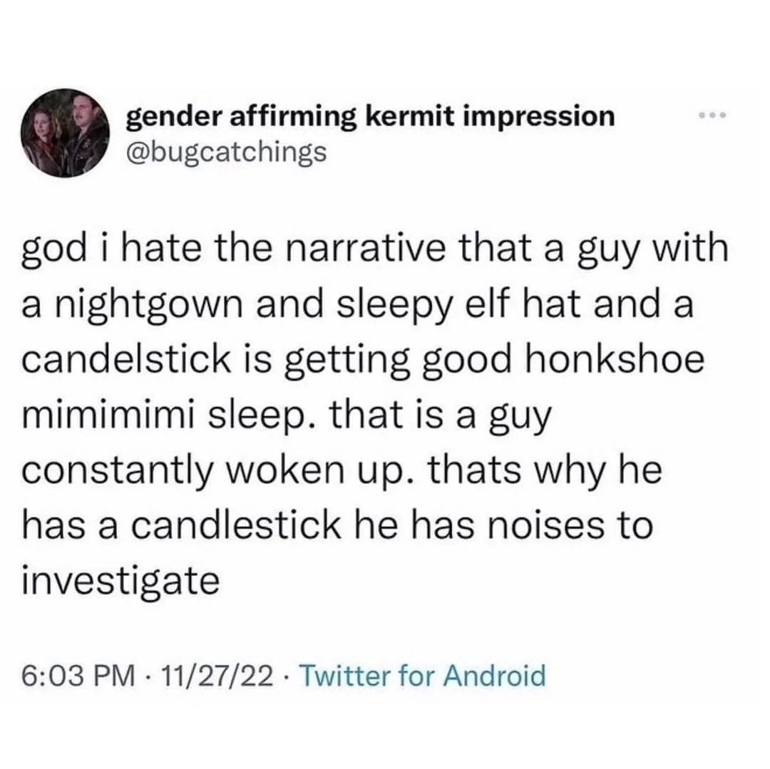 A screenshot of a tweet from user @bugcatchings, whose profile is labeled 'gender affirming kermit impression'. The tweet…