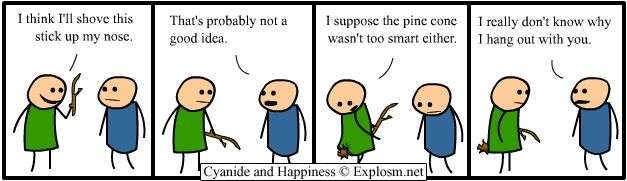 A four-panel comic strip featuring two stick figures. In the first panel, the green figure holds a stick and says, 'I think…