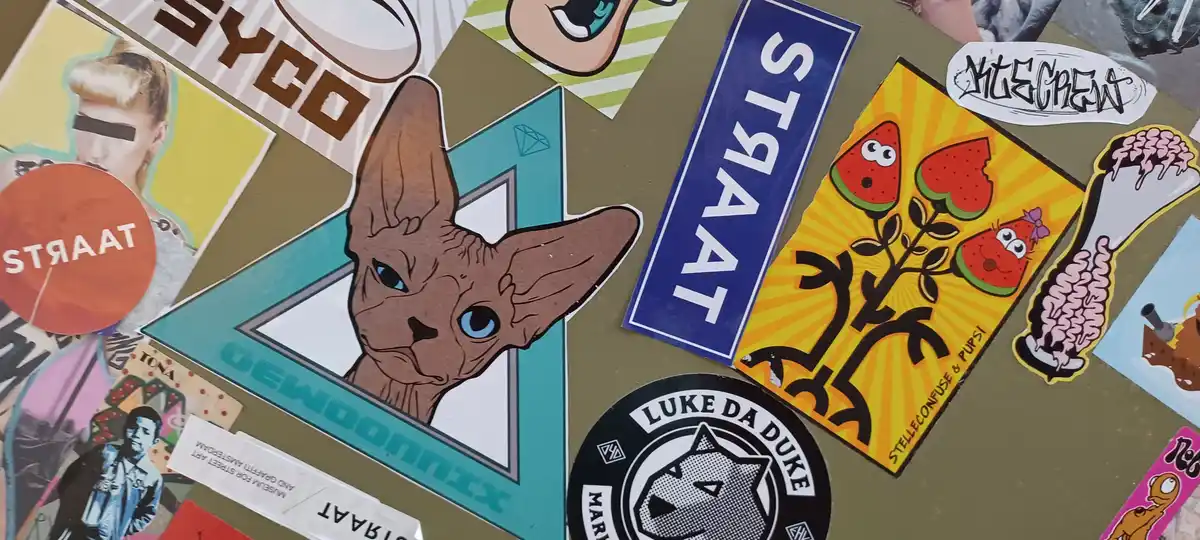 A collage of colorful stickers on a surface, featuring a prominent sticker of a hairless cat with blue eyes inside a teal…