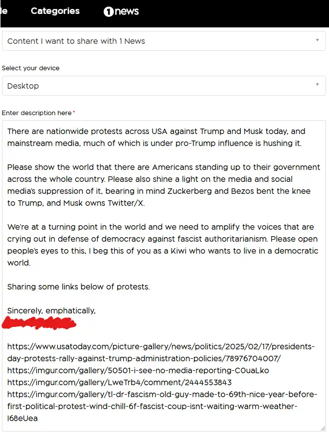 A screenshot of a news submission form with a long text message asking 1 News to report on nationwide protests against Trump…