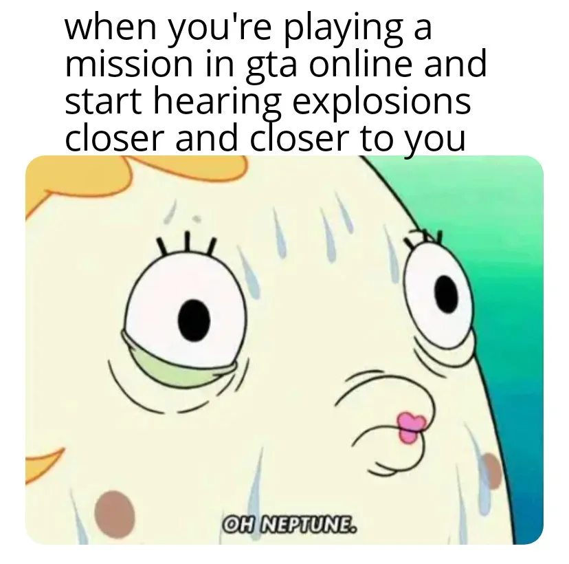 The image shows a close-up of the animated character SpongeBob SquarePants with wide, panicked eyes and sweat droplets…