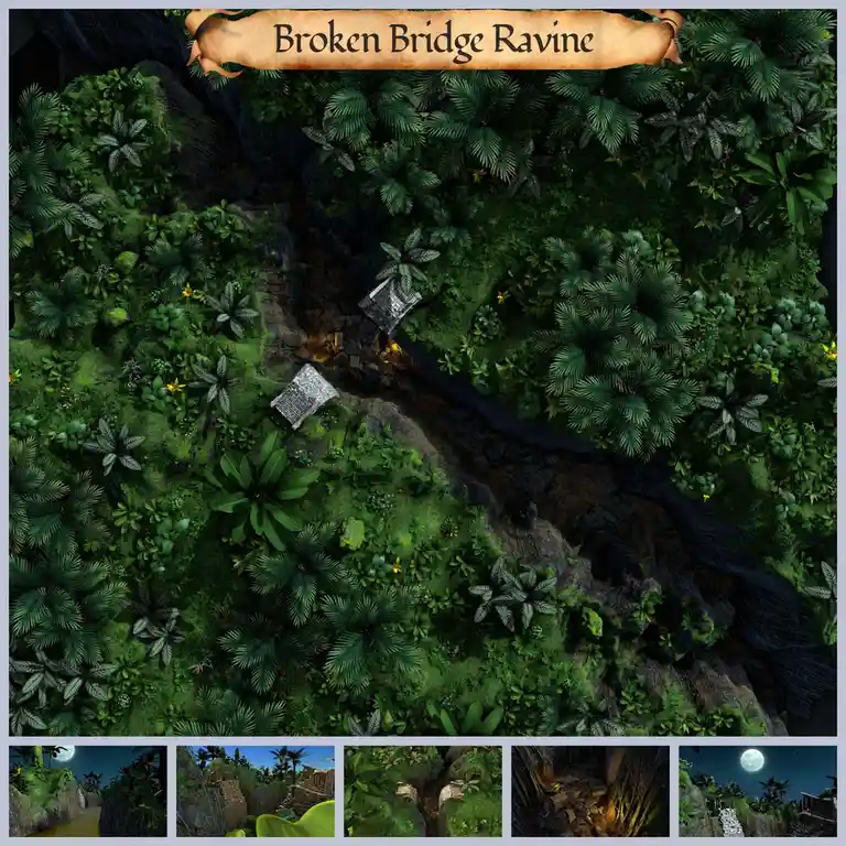 An overhead view of a lush jungle ravine with a broken stone bridge spanning a chasm, labeled 'Broken Bridge Ravine' on a…