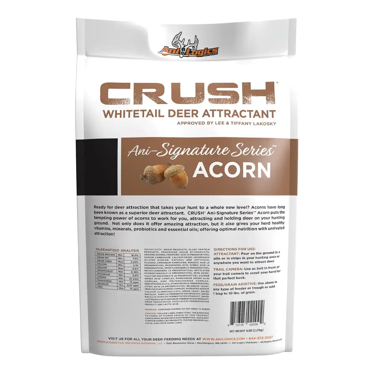 A product bag for 'CRUSH Whitetail Deer Attractant' from Ani-Logics Outdoors, specifically the 'Ani-Signature Series™ ACORN'…