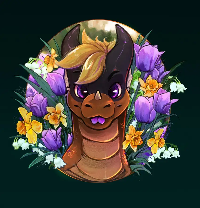 A cartoonish, dark-skinned dragon with blonde hair and purple eyes is framed by a circular border of purple tulips, yellow…