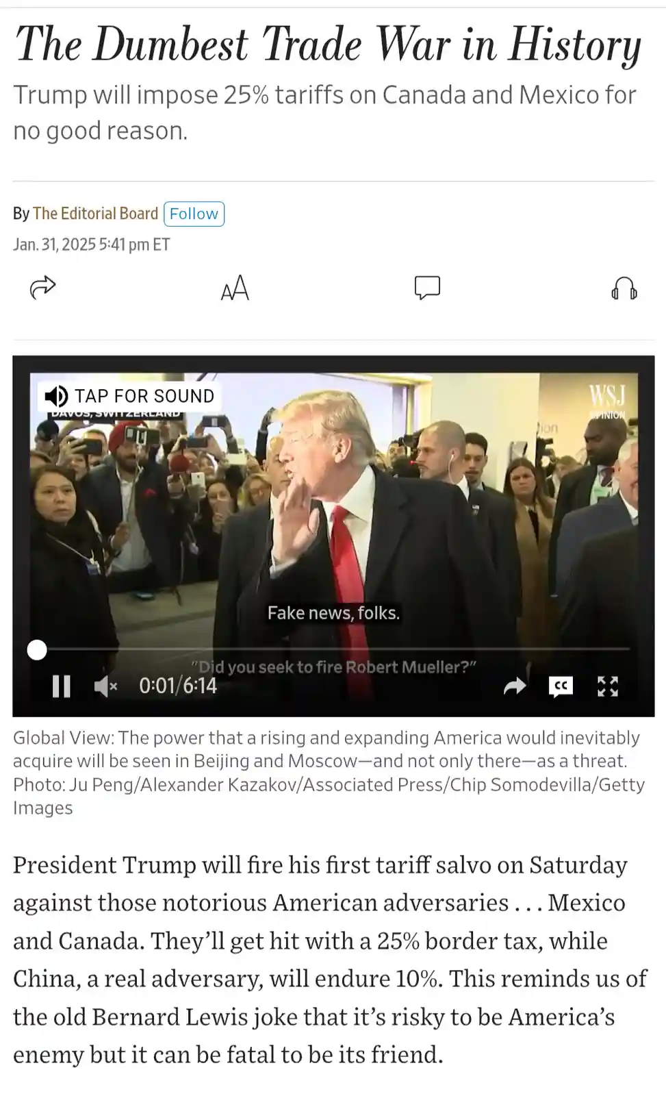 A screenshot of a Wall Street Journal article titled 'The Dumbest Trade War in History' shows a video player with Donald…