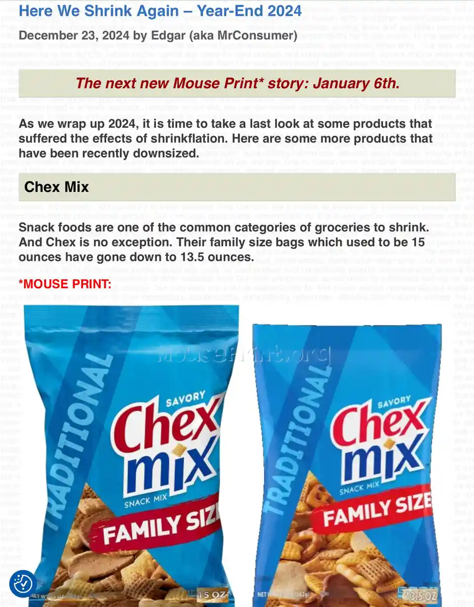 The image displays two side-by-side Chex Mix snack bags labeled 'Family Size', one showing 15 oz and the other 13.5 oz…