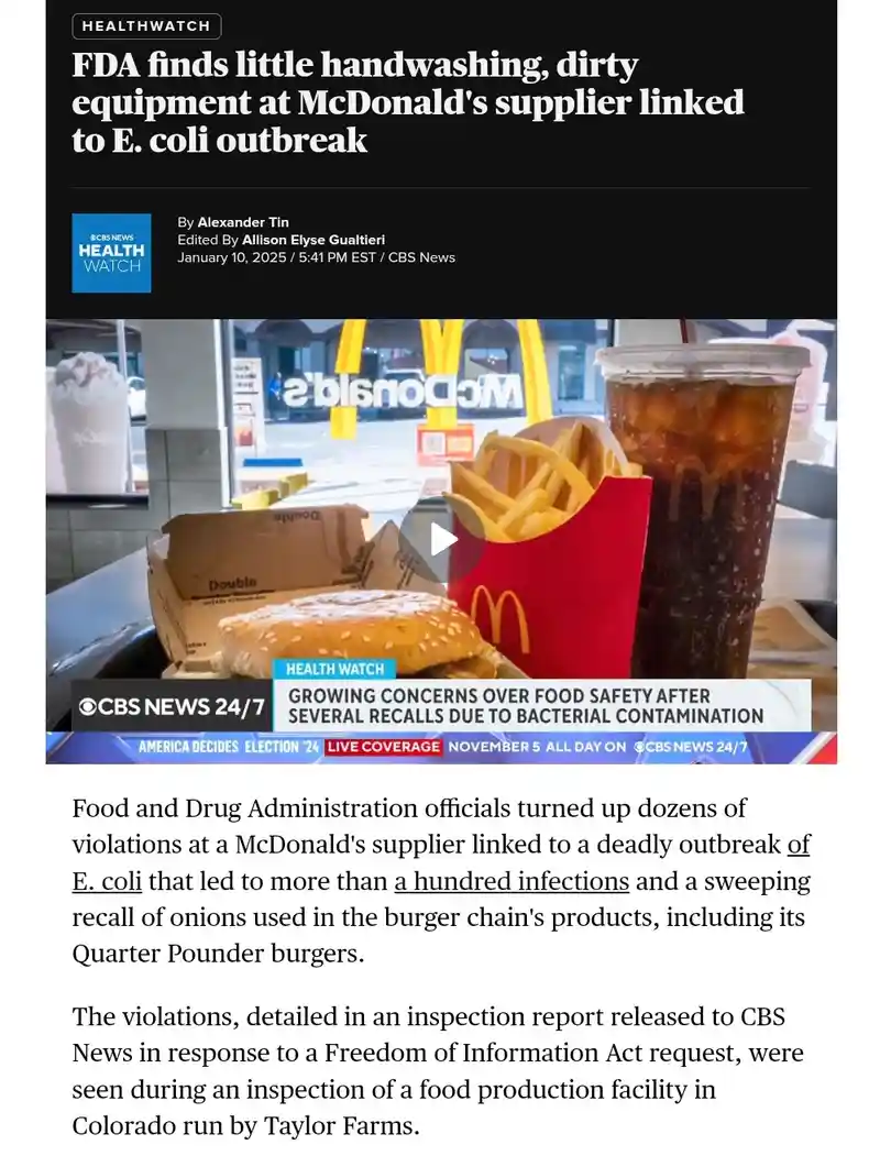 A screenshot of a CBS News Health Watch article about FDA violations at a McDonald's supplier, overlaid on an image of a…