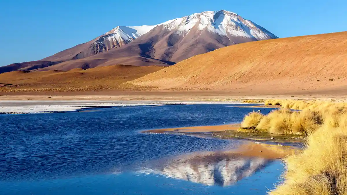 On the Bolivian Altiplano, miles above sea level, the sulfur-rich Laguna Hedionda (or 'stinking lake') contrasts with its…