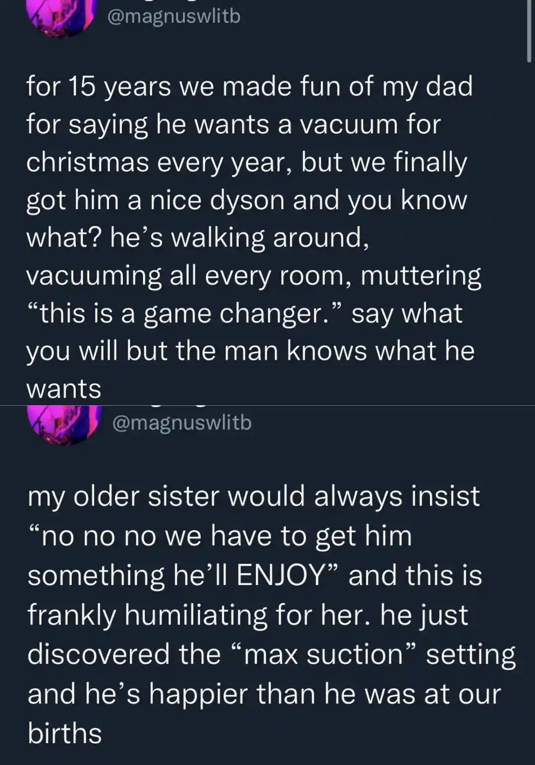 The image displays two text posts from the same user, @magnuswlitb, on a dark background. The first post recounts how the…