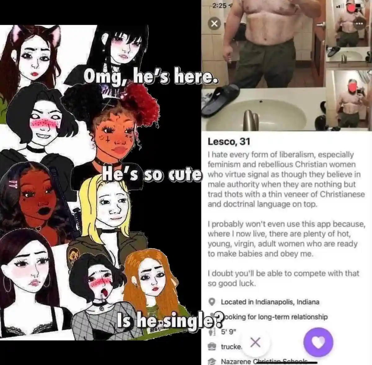 The image is split: left side shows anime-style illustrations of diverse women with text overlays expressing excitement and…