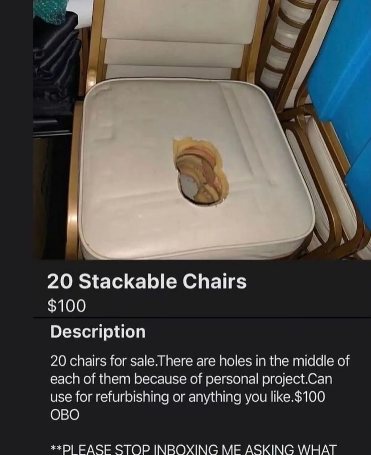 The image shows a close-up of a beige upholstered chair with a large, circular hole in its seat, revealing the internal foam…